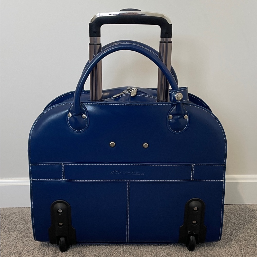 McKlein Edgebrook Navy Leather Rolling Briefcase Laptop Bag Lock Key - Picture 14 of 16